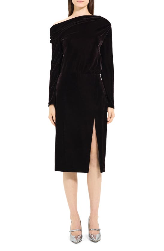 THEORY THEORY OFF THE SHOULDER LONG SLEEVE STRETCH VELVET DRESS