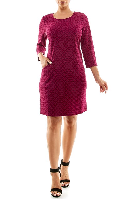 Shop Nina Leonard Patterned 3/4 Sleeve Trapeze Dress In Sangria/black