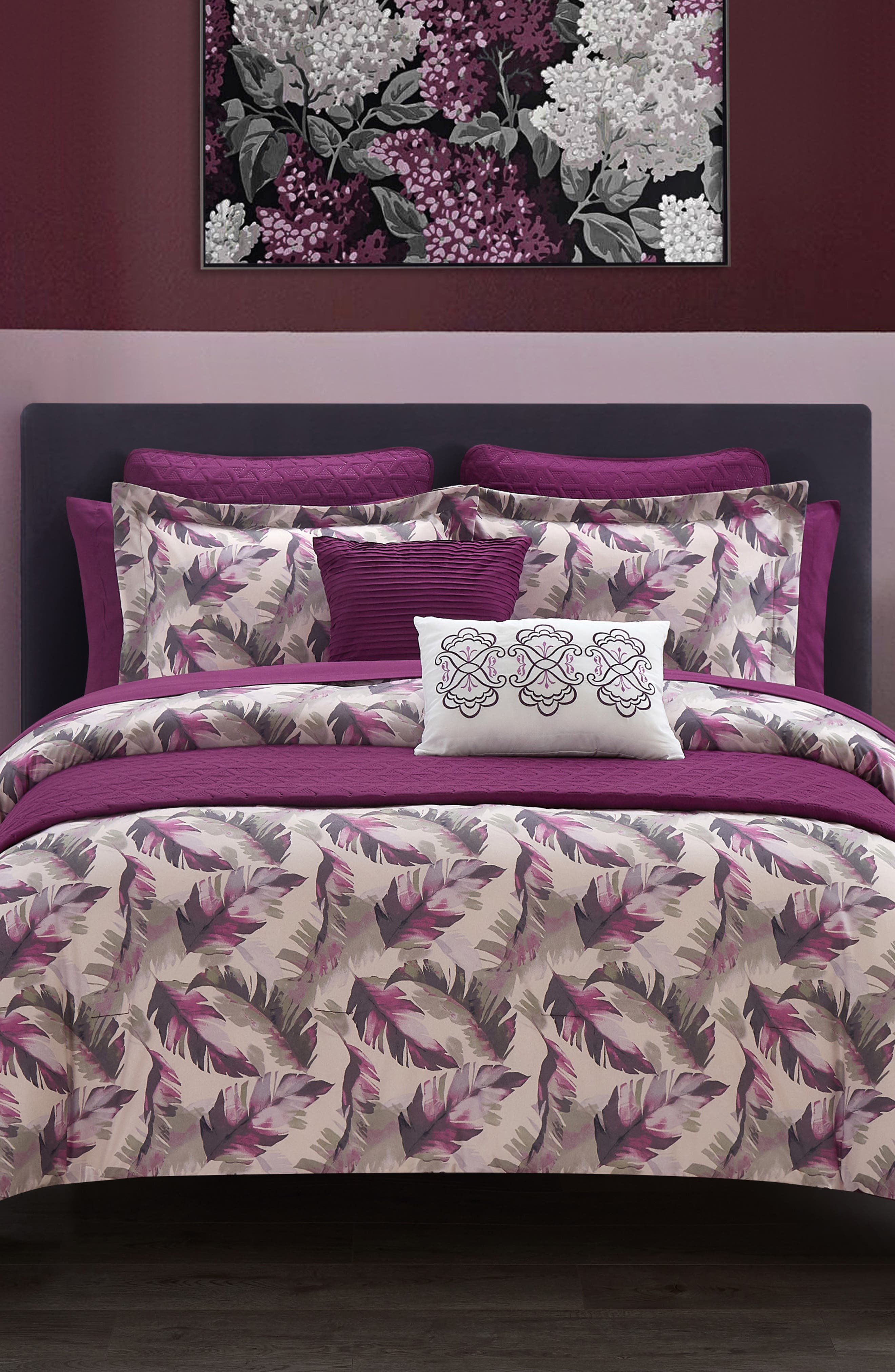 Kallie Watercolor Leaf Print Geometric Pattern Twin Comforter Set Purple 9 Piece Nordstromrack