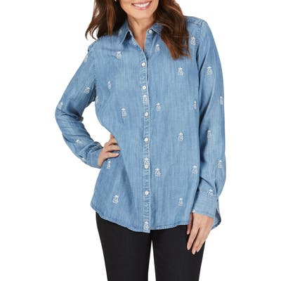 Foxcroft Carmen Embroidered Pineapple Chambray Shirt, Blue