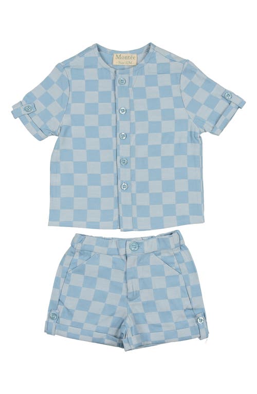 Maniere Manière Kids' Check Button-up Shirt & Shorts Set In Light Blue