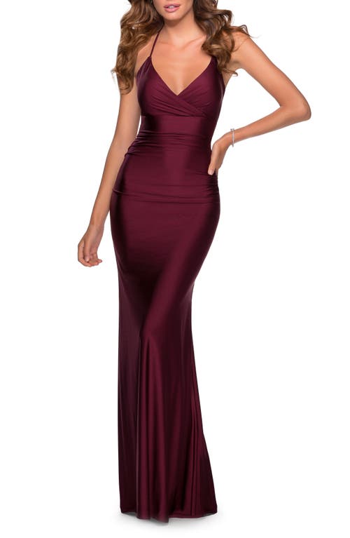 La Femme Strappy Back Trumpet Gown Dark Berry at Nordstrom,