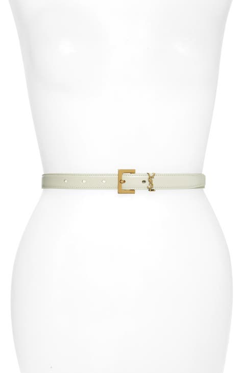 Saint Laurent Ysl Monogram Leather Belt, White, Women's, 32in / 80cm