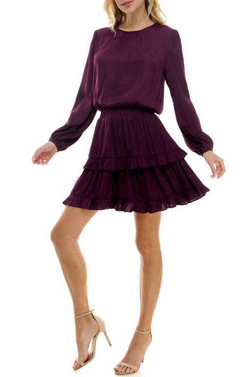 Smocked Tiered Long Sleeve Satin Dress in Purple Winter