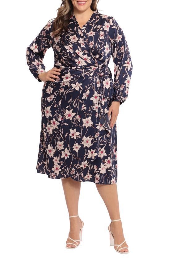 Maggy London Floral Print Long Sleeve Midi Dress In Navy/ Cream