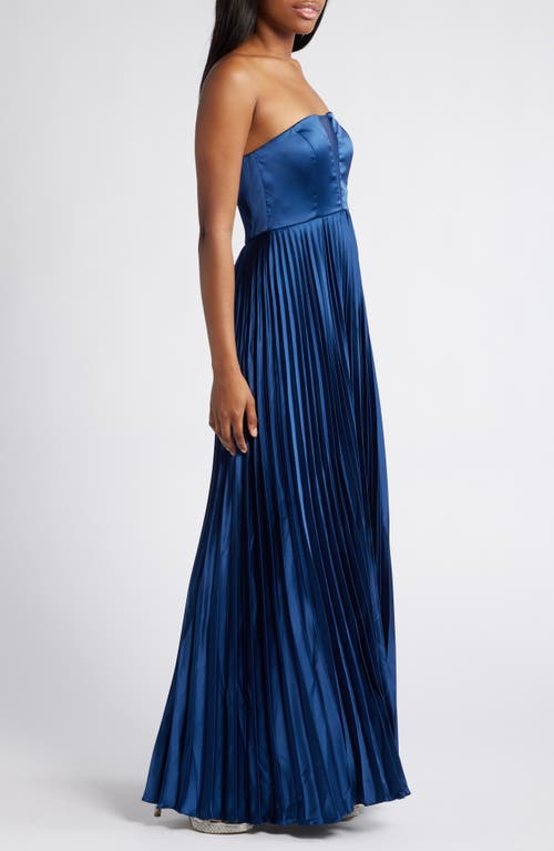 Lulus Perfected Elegance Strapless Pleated Satin Gown In Blue