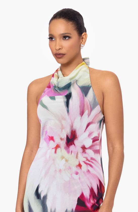 Betsy & Adam Floral Halter Gown In Fuchsia/ Blush