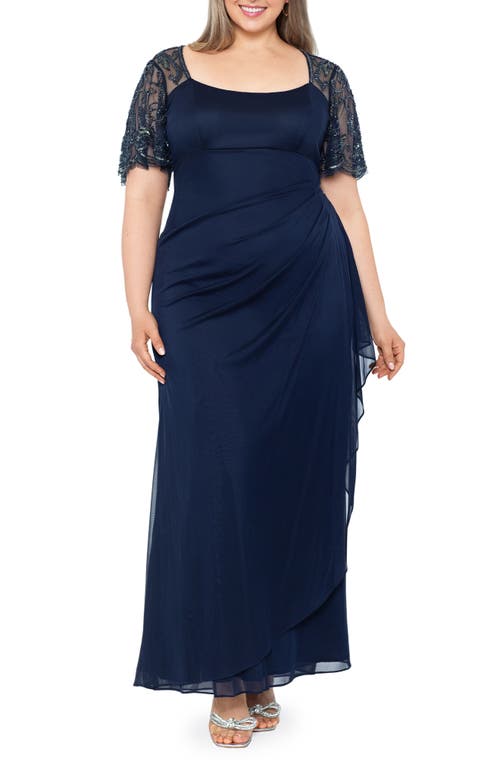 Xscape Evenings Beaded Short Sleeve Ruched Gown Navy at Nordstrom,