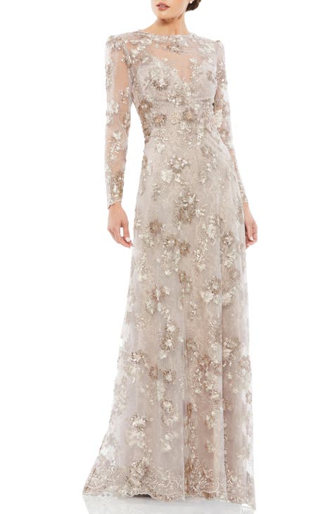 Embroidered Tulle & Lace Long Sleeve Gown
