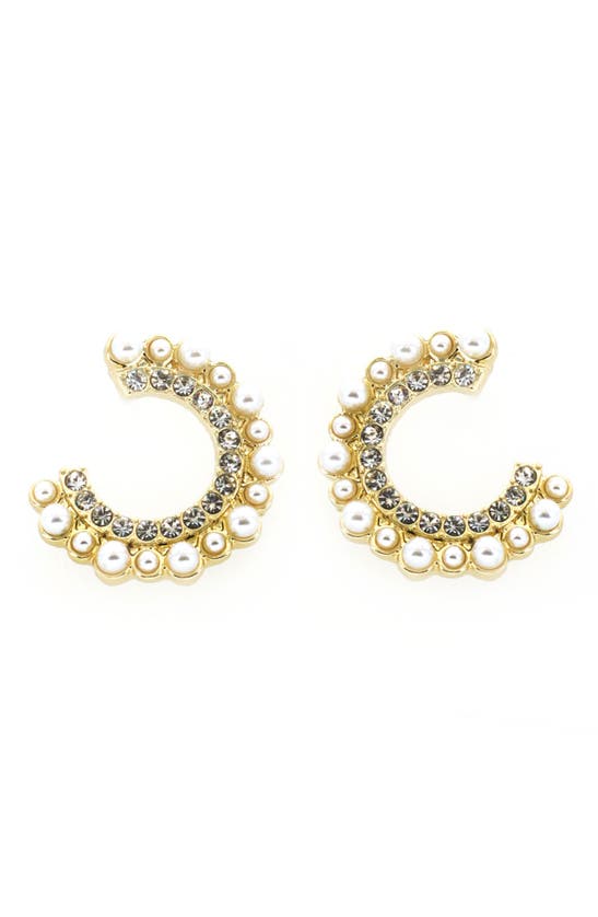 Shop Panacea Crystal & Imitation Pearl Hoop Earrings In Gold
