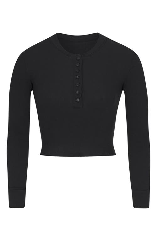 Shop Skims Long Sleeve Crop Stretch Cotton Rib Henley In Soot