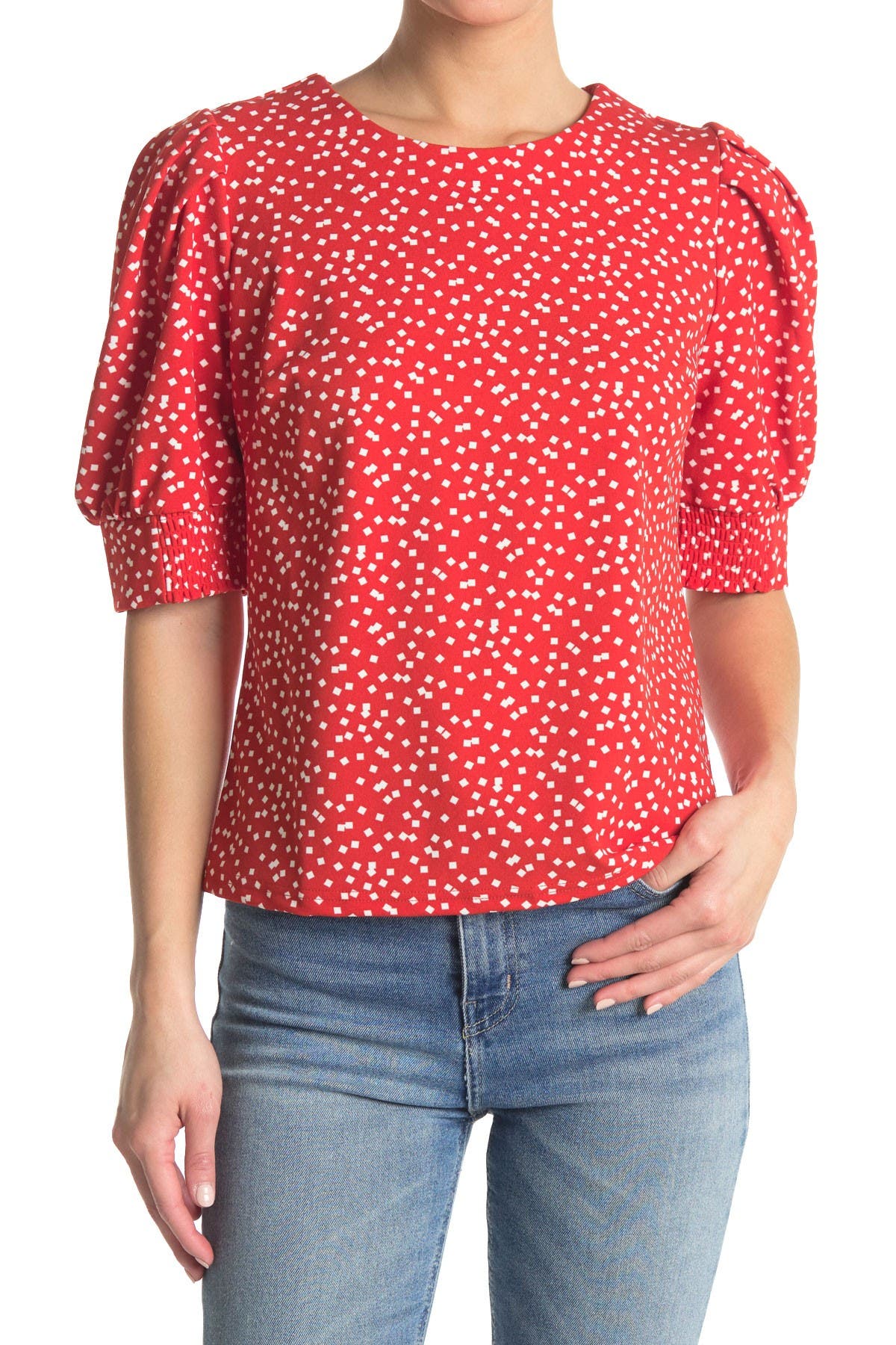 Melloday Zip Back Puff Sleeve Knit Blouse In Red Squares