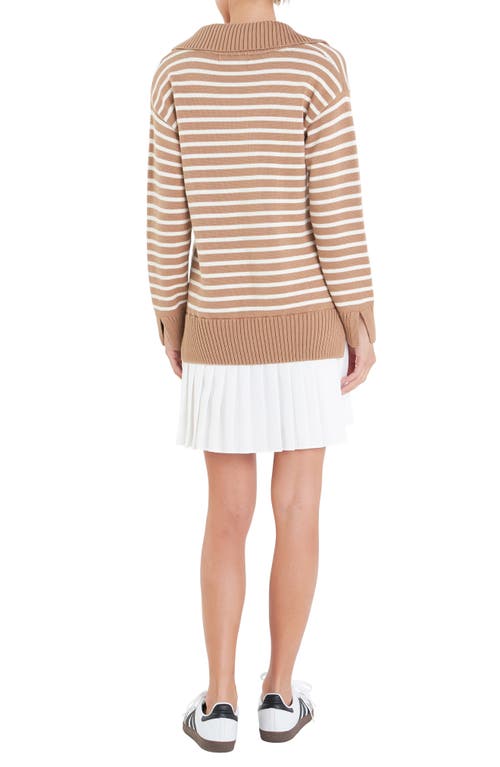 Shop English Factory Stripe Pleated Long Sleeve Mixed Media Sweater Dress In Tan/ivory