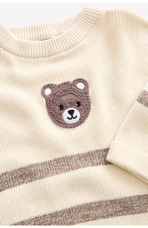 Shop Next Kids' Bear Appliqué Stripe Cotton Crewneck Sweater In Brown