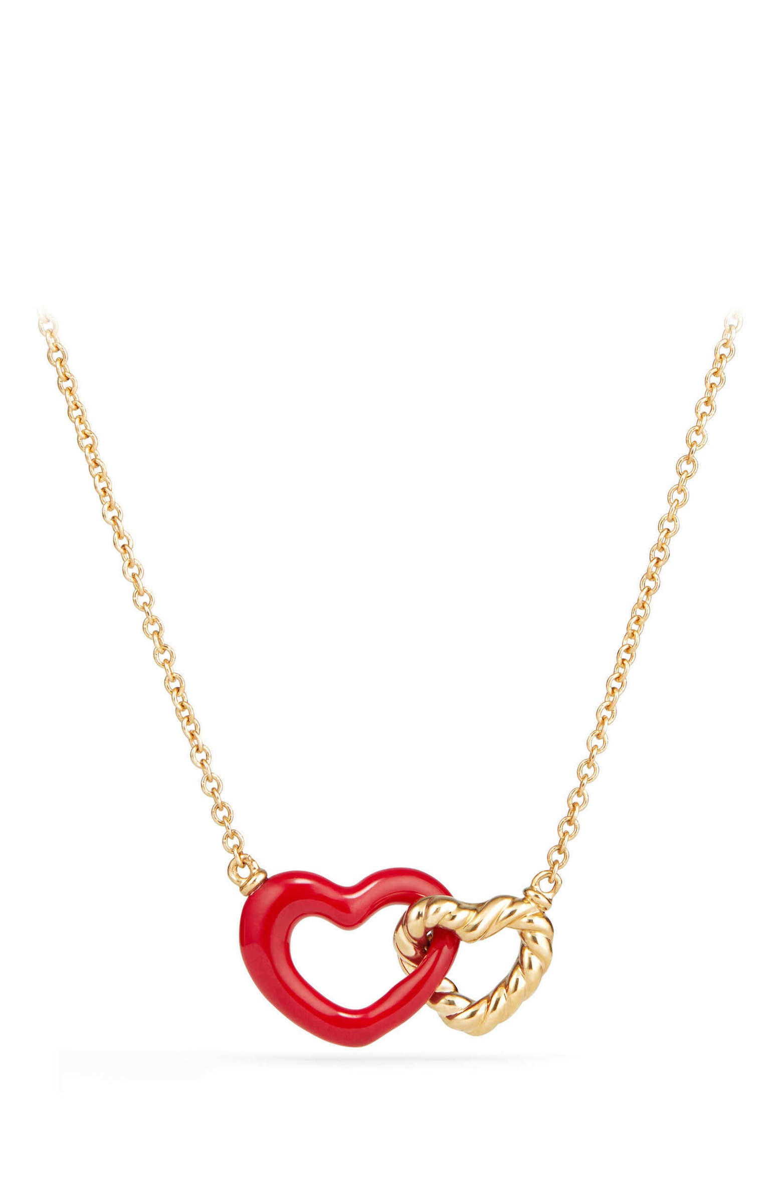 David Yurman Double Heart Pendant Necklace with Red Enamel and 18K Gold