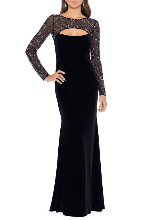 Betsy & Adam Bead Embellished Long Sleeve Velvet Mermaid Gown In Black/silver