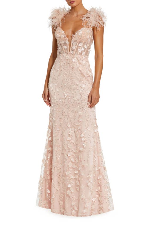 Mac Duggal Feather Strap Floral Appliqué Trumpet Gown at Nordstrom,