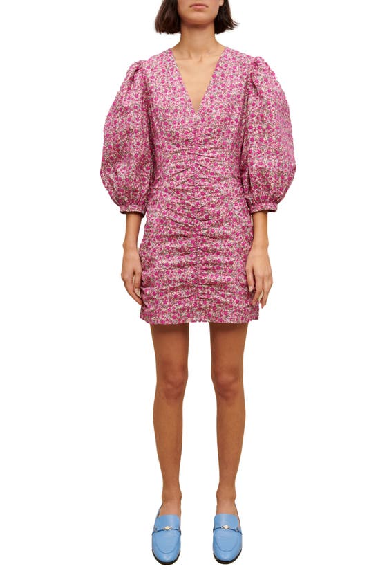 Maje Floral Puff-sleeve Mini Dress In Fuchsia
