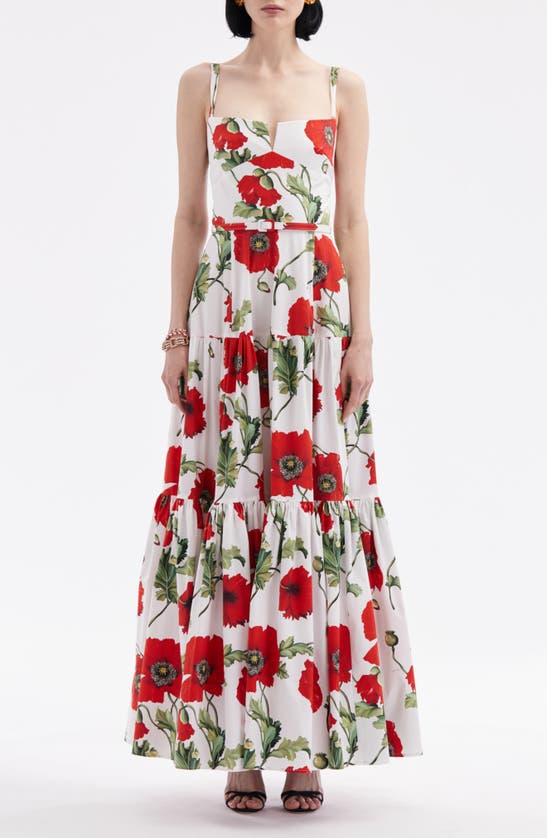 Shop Oscar De La Renta Poppy Print Belted Tiered Stretch Cotton Dress In White/ Red