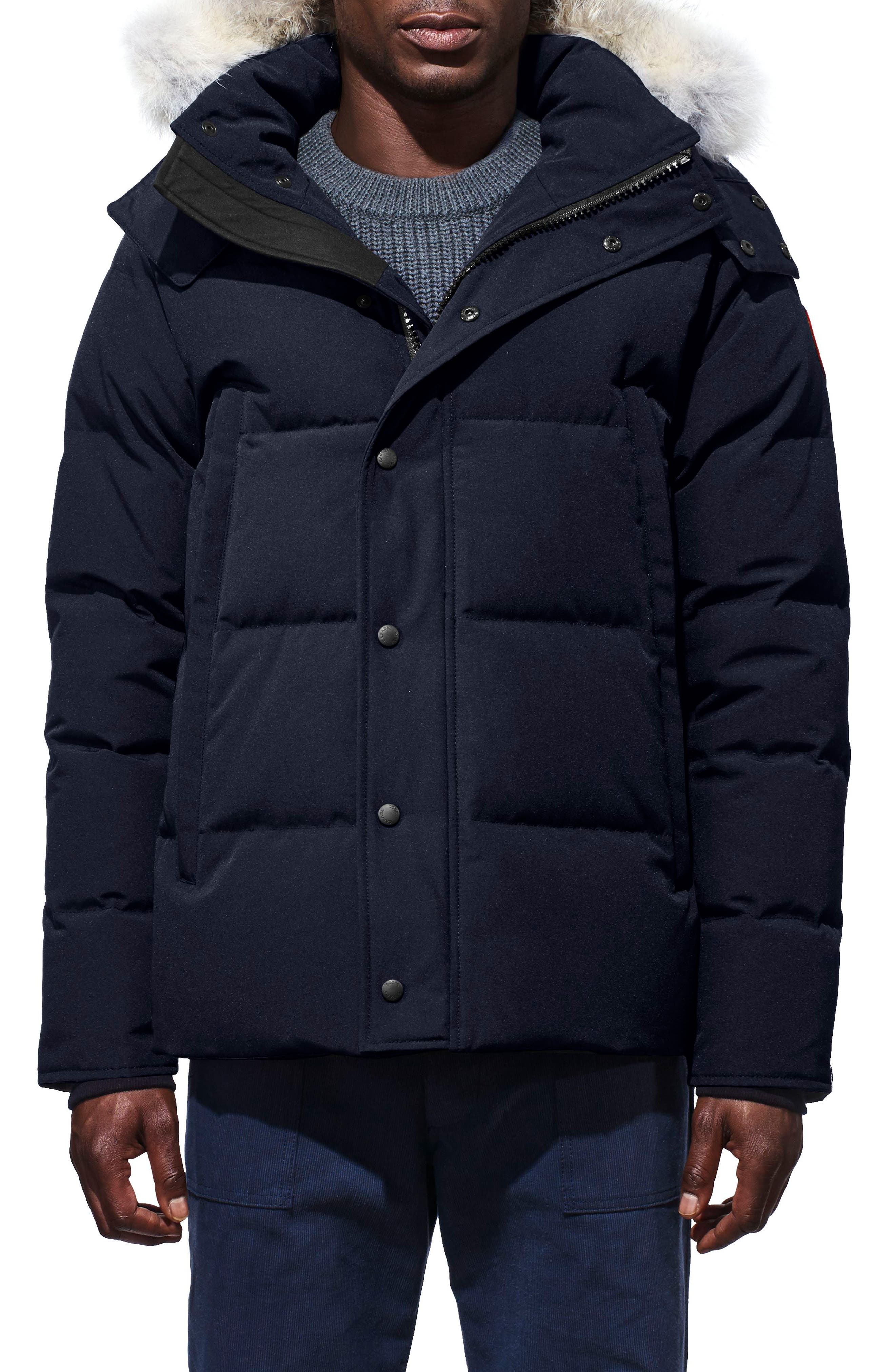 Canada Goose Wyndham Slim Fit Genuine Coyote Fur Trim Down Jacket, Blue