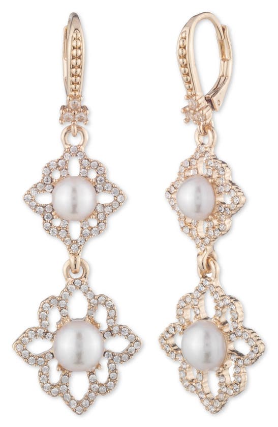 Marchesa Gold-tone Pave & Imitation Pearl Flower Double Drop Earrings In Gold/ Pearl/ Cry