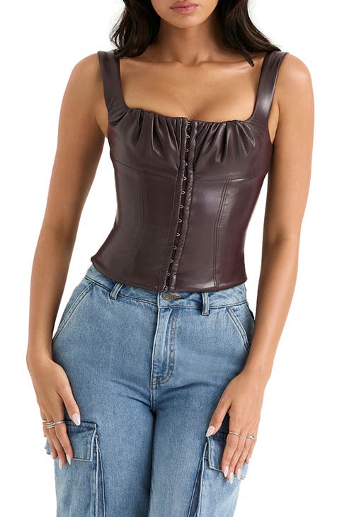 Pastel Brown Puffed Sleeves Women Hot Faux Leather Bustier Crop Top