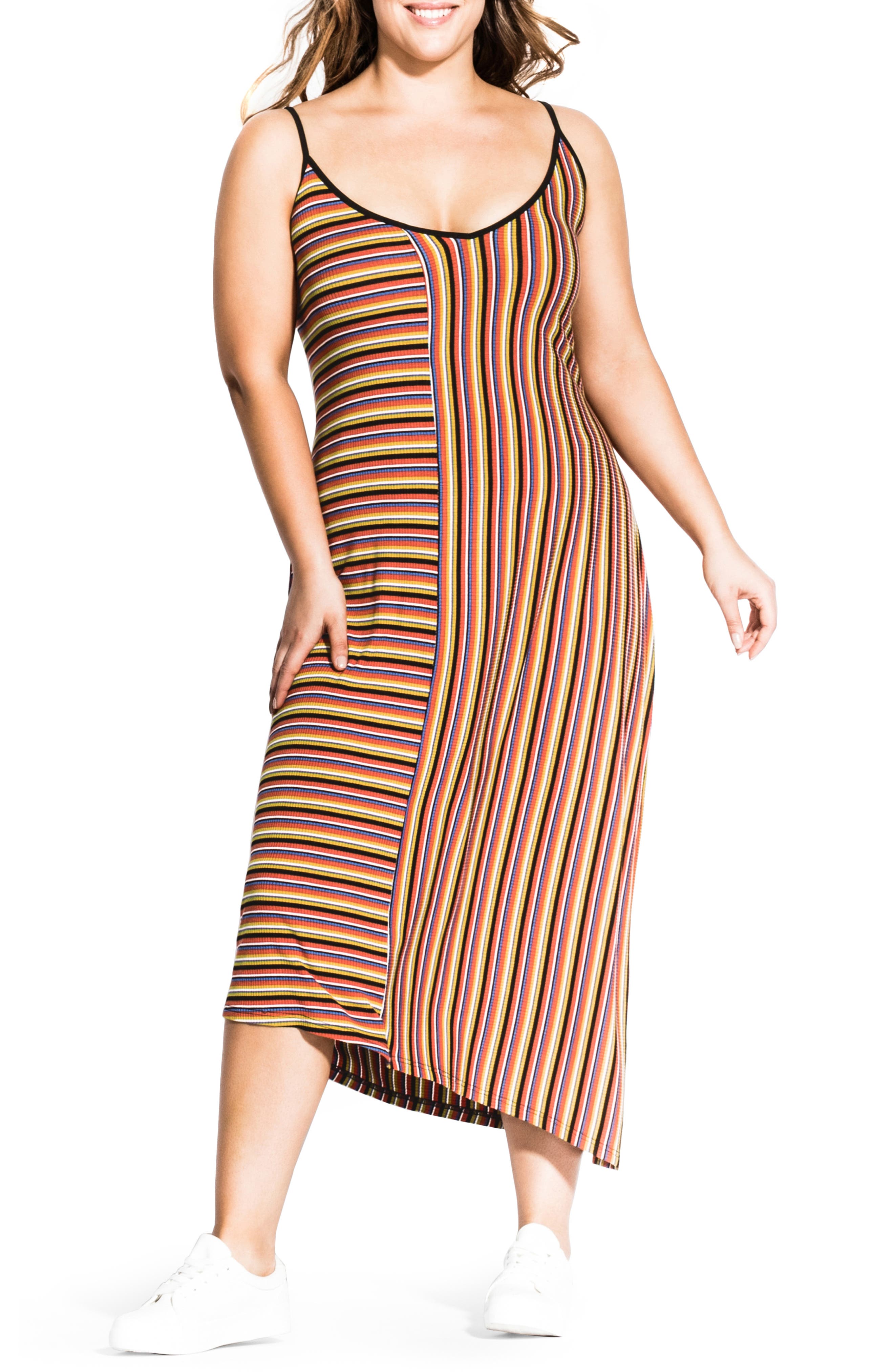 Plus Size City Chic Retro Stripe Asymmetrical Ribbed Midi Dress, Blue