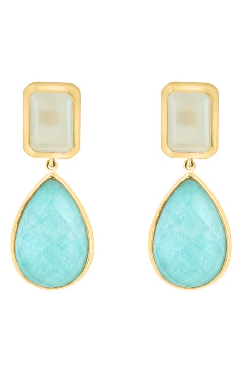 14K Gold Quartz & Amazonite Drop Earrings