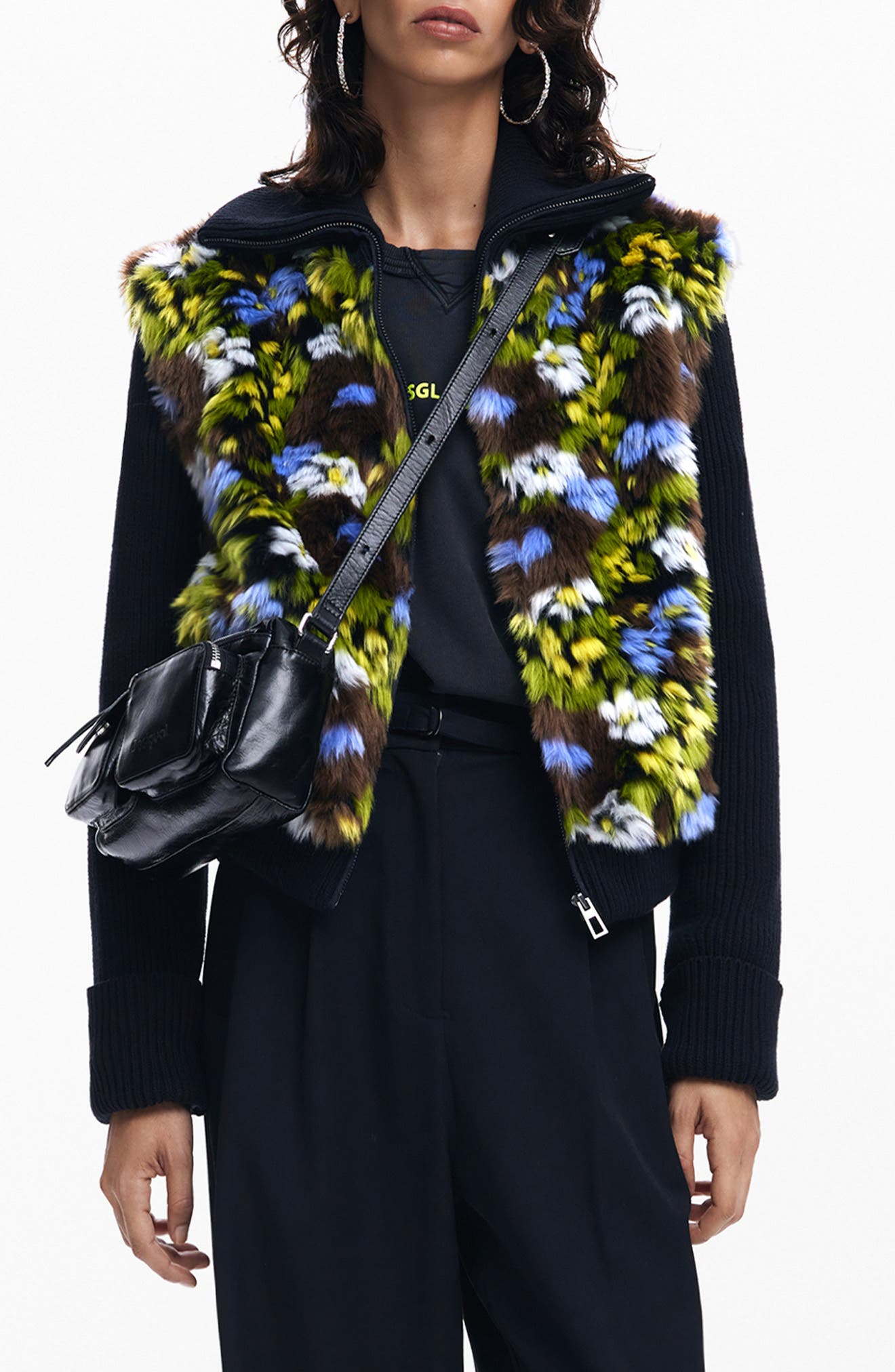 Desigual Lyon Faux Fur Mixed Media Knit Jacket In Black