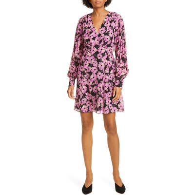 Kate Spade Wallflower Metallic Detail Long Sleeve Silk Chiffon Minidress, Black