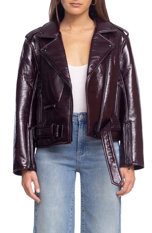 BLANKNYC Shiny Crinkle Faux Leather Moto Jacket in Cherry Picked