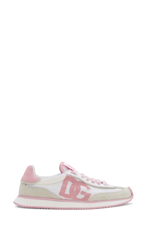 Dolce & Gabbana 'aria' Pink Running Sneakers With Logo Detail In Suede And Tech Fabric Woman In Bianco/rosa