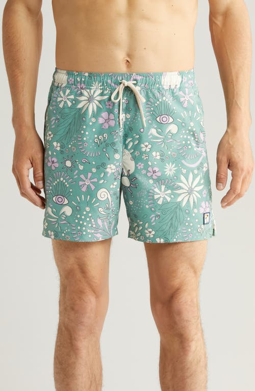 Marine Layer Floral Mechanical Stretch Swim Trunks Green Print at Nordstrom,