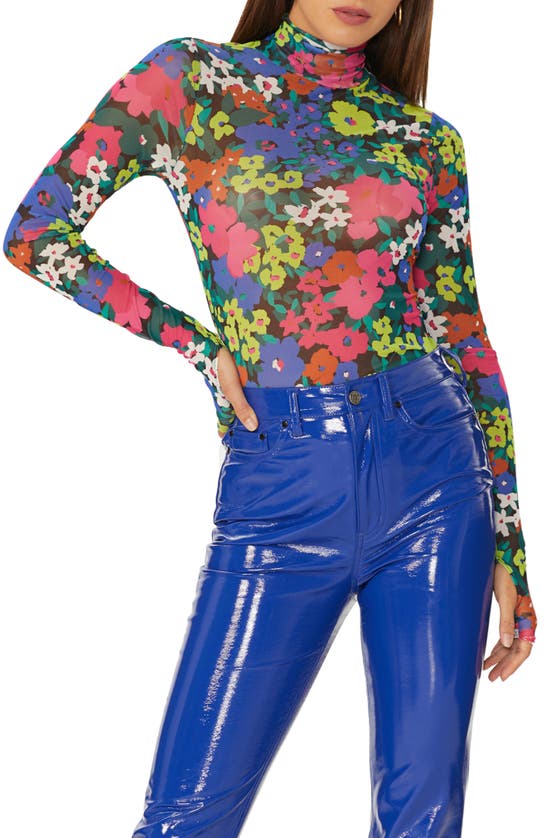 Afrm Zadie Mesh Turtleneck Top In Neon Night Garden
