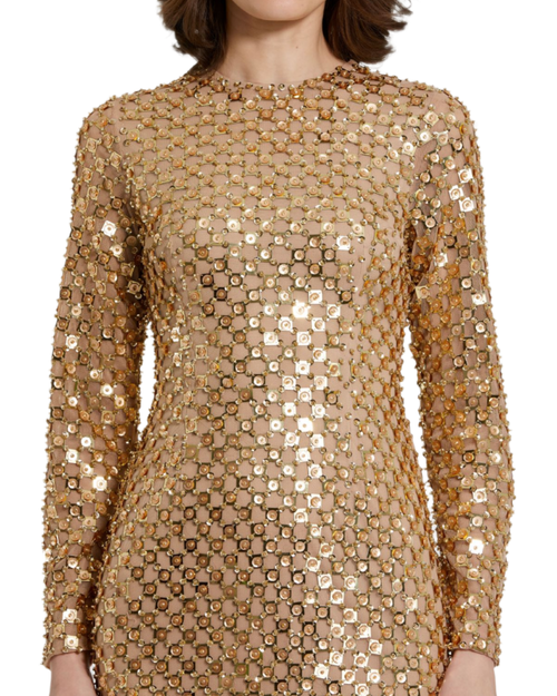 Mac Duggal Beaded Georgette Long Sleeve Fitted Midi Dress In Antique Gold