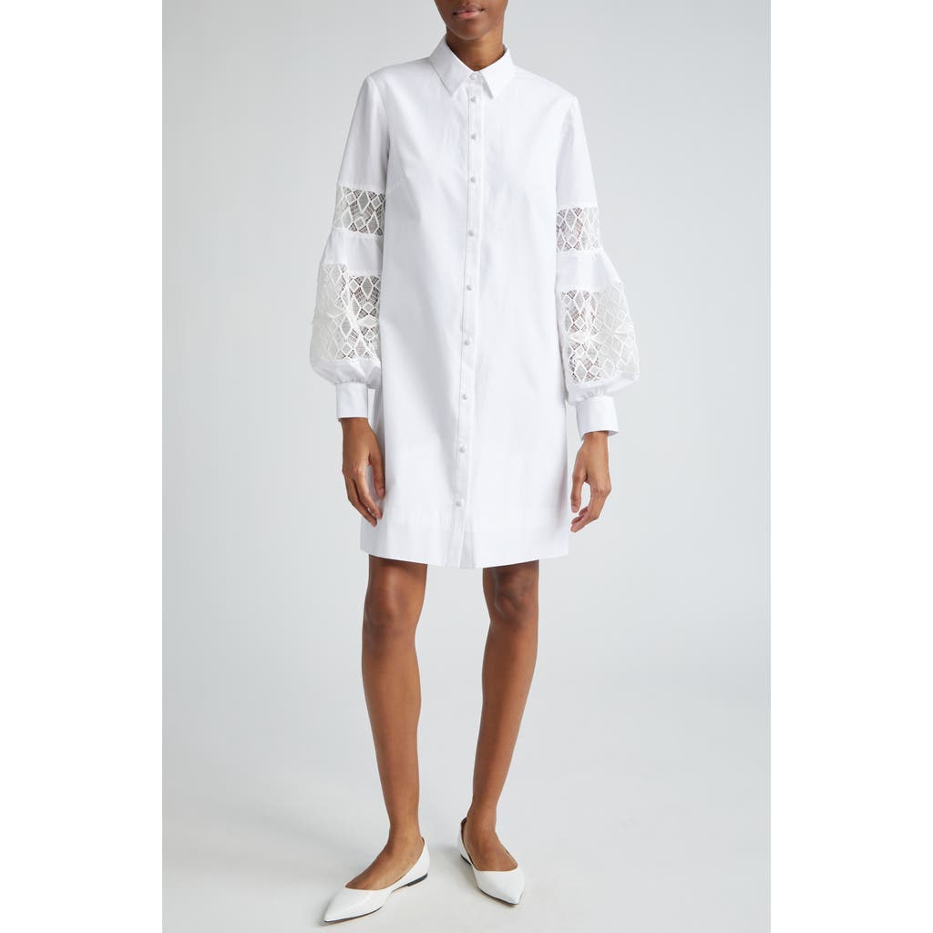 Lela Rose Lace Inset Long Sleeve Stretch Cotton Shirtdress In White