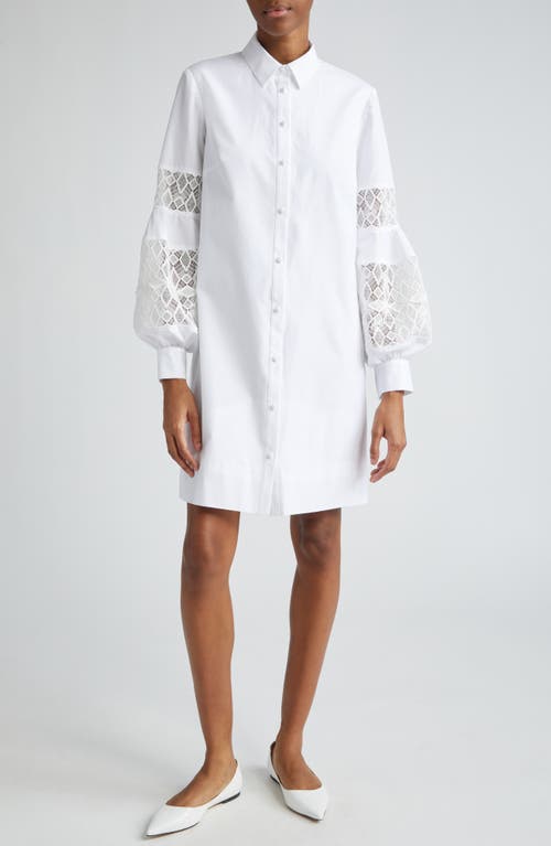 Lace Inset Long Sleeve Stretch Cotton Shirtdress in Ivory