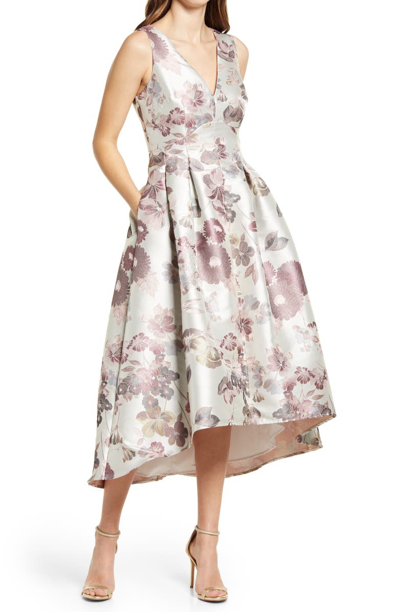 ELIZA J Metallic Floral Jacquard High/Low Dress, Main, color, MAUVE/ SILVER