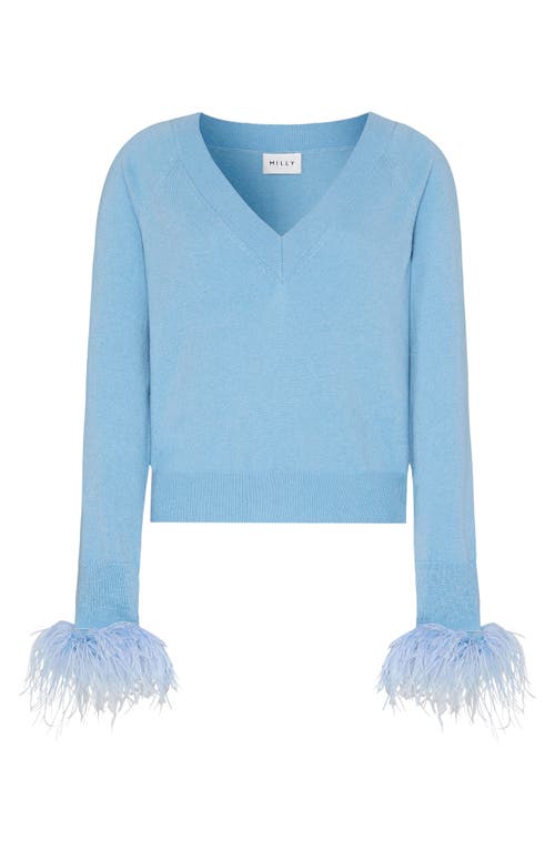 Milly Feather Cuff V-neck Long Sleeve Sweater In Ice Blue