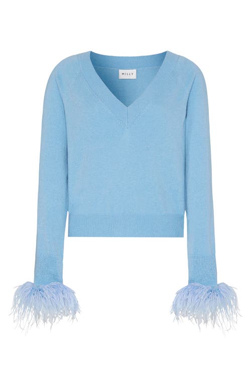 Shop Milly Feather Cuff V-neck Sweater In Ice Blue