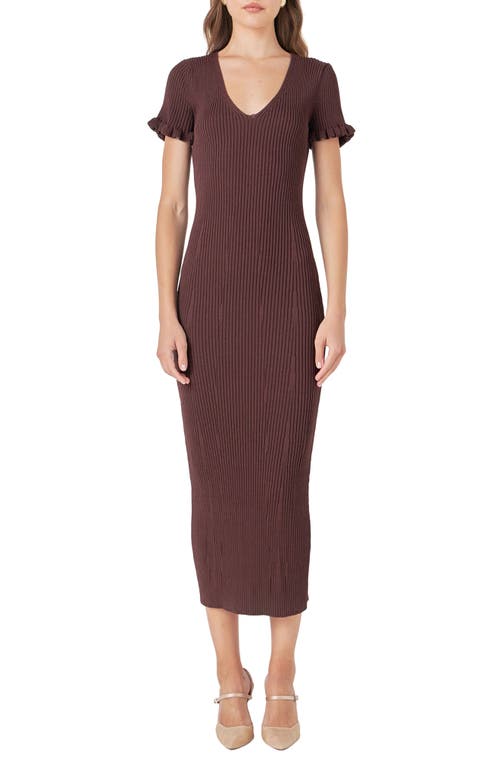 Endless Rose Ruffle Cuff Knit Dress In Chocolate Brown