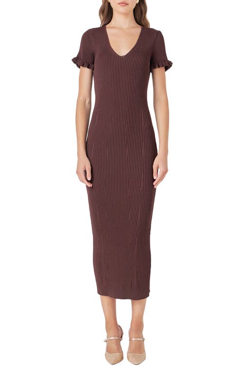 Shop Endless Rose Ruffle Cuff Knit Midi Dress In Chocolate Brown