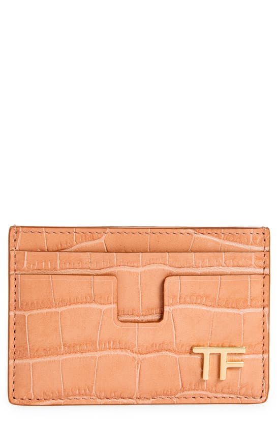 Shop Tom Ford T-line Croc Embossed Leather Card Case In Rose Clay
