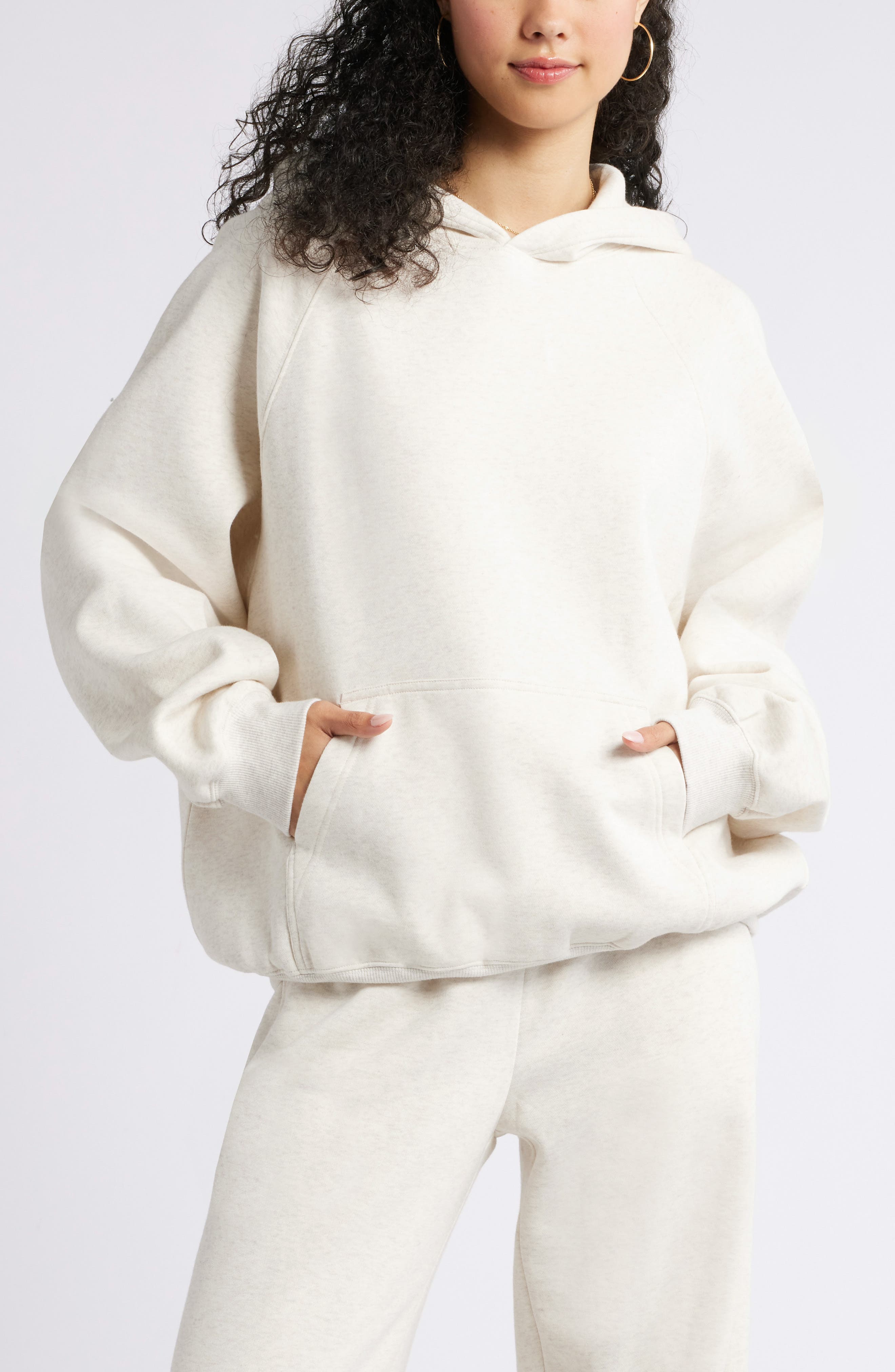 BP. Fleece Detail Oversize Raglan Hoodie in Beige Oatmeal Light Heather Cover