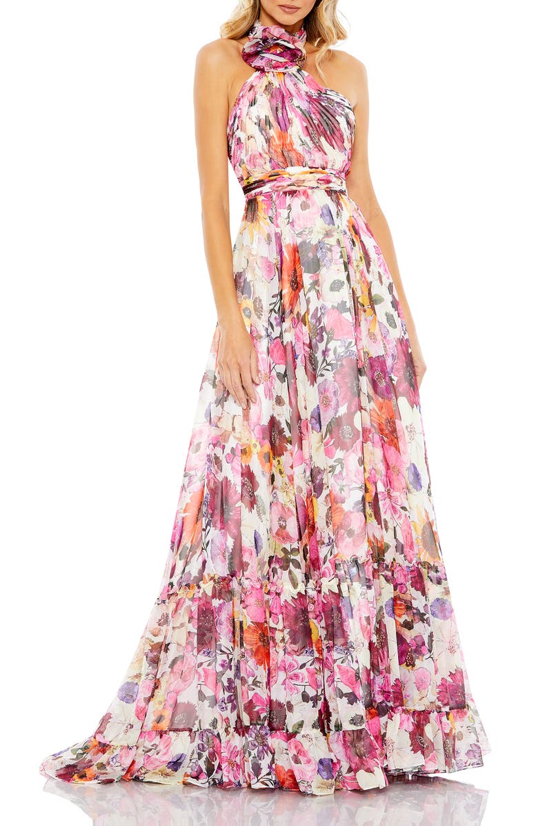 Mac Duggal Floral Rosette Halter Neck Gown | Nordstrom