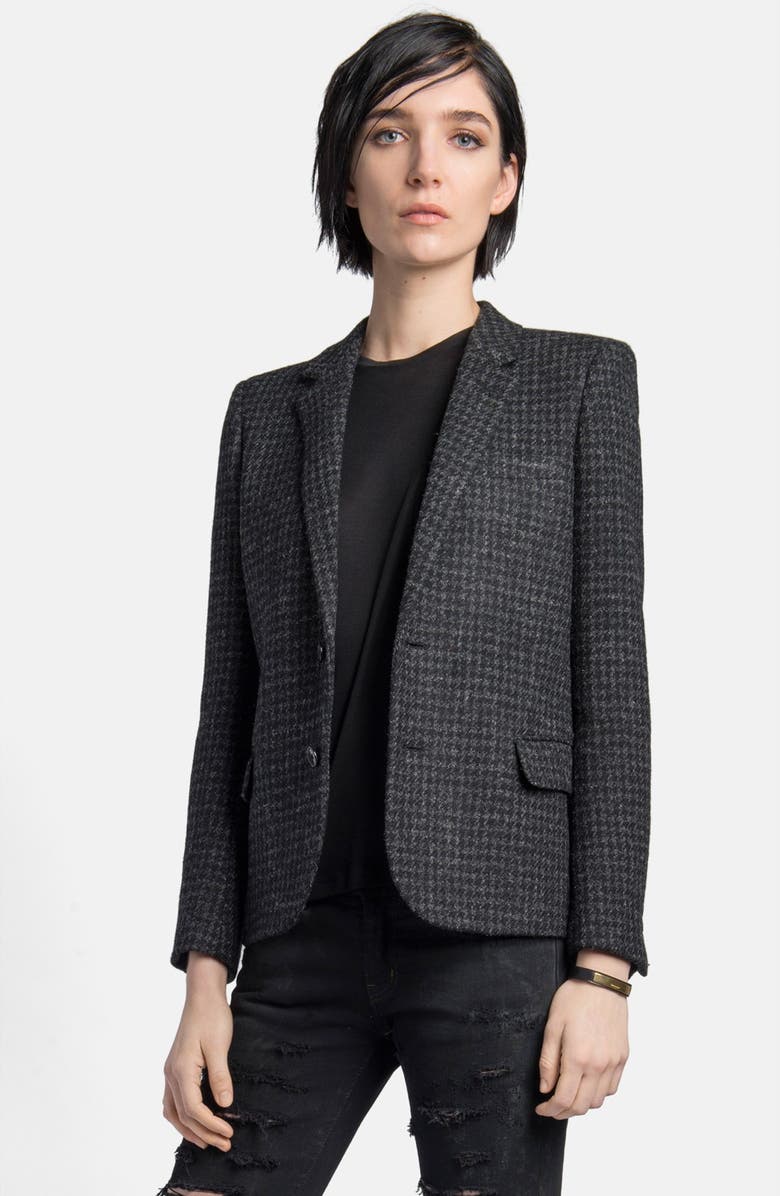 Saint Lau Leather Elbow Patch Houndstooth Tweed Blazer
