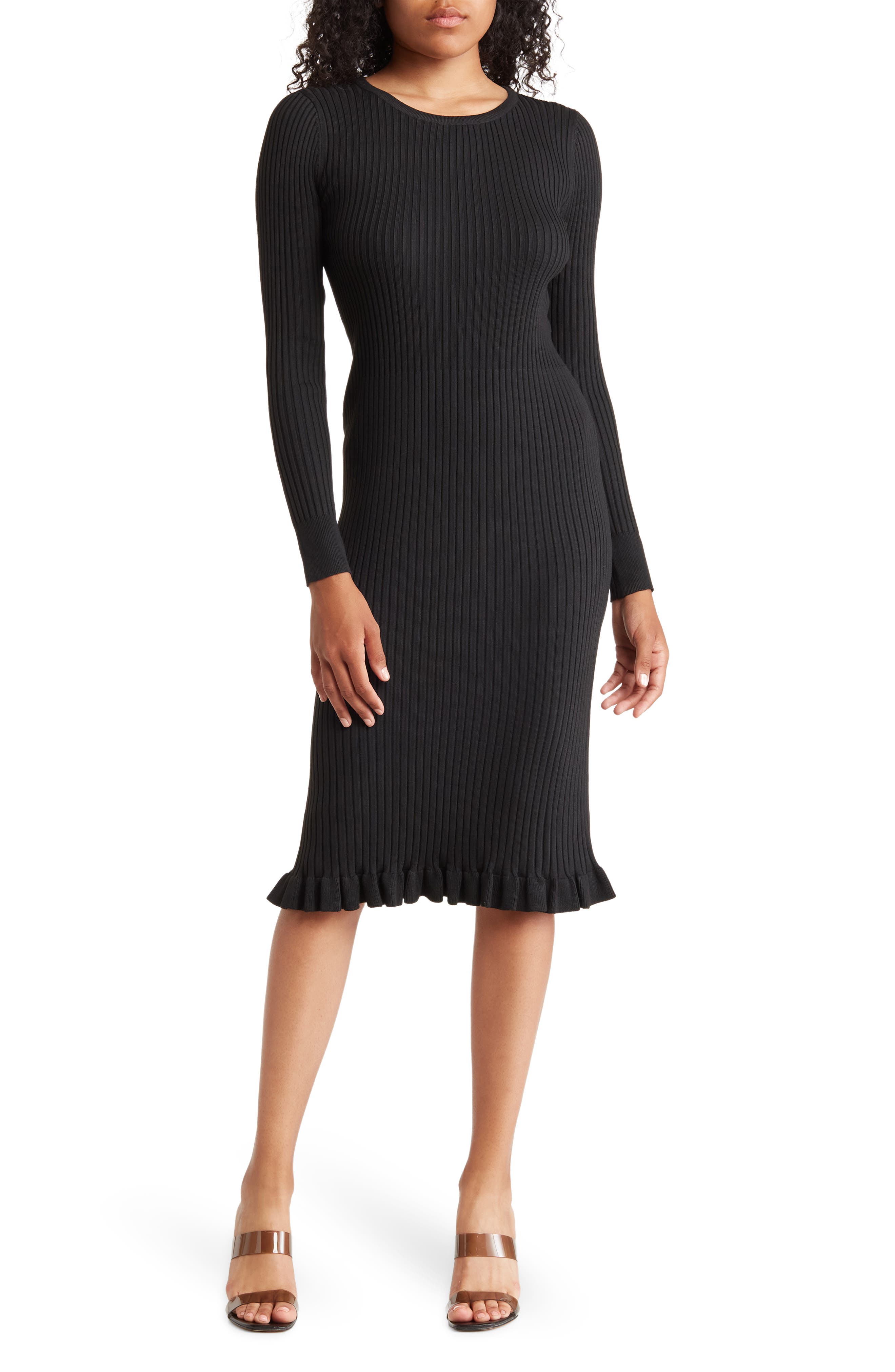 Lucy Paris Long Sleeve Ruffle Hem Rib Knit Dress in Black at Nordstrom Rack, Size Small