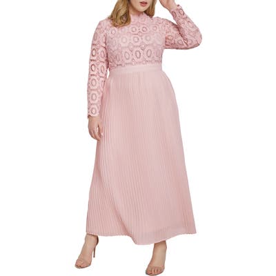 Plus Size Eloquii Lace Bodice Pleated Long Sleeve Evening Dress, Pink