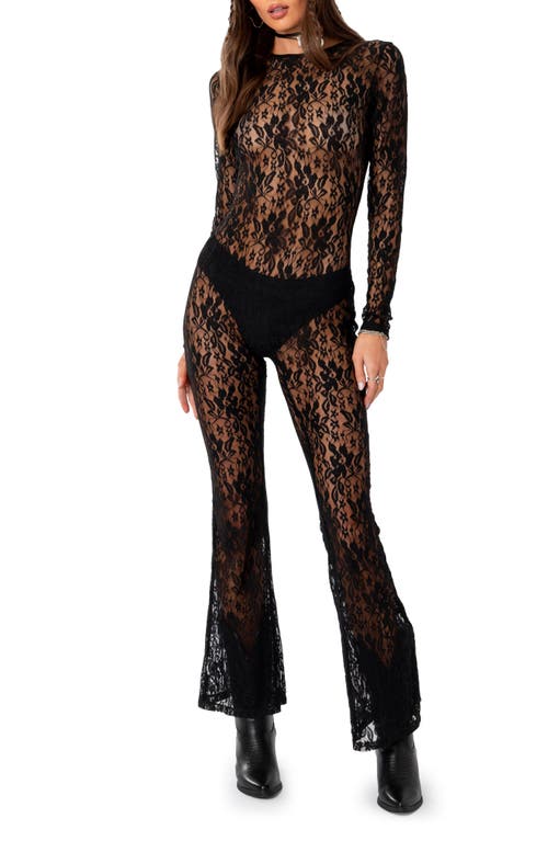 EDIKTED Let it B Sheer Lace Open Back Jumpsuit in Black at Nordstrom, Size Small