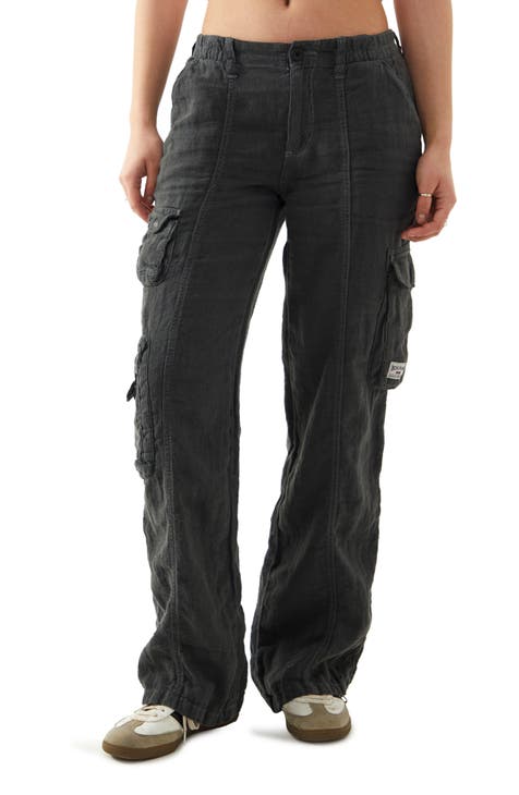 Women Solid Cream Linen Cargo Pant